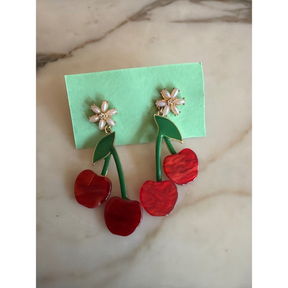 Jewelry - Drop Earrings Red Cherry Flower Stud Resin Enamel Whimsical Retro Style